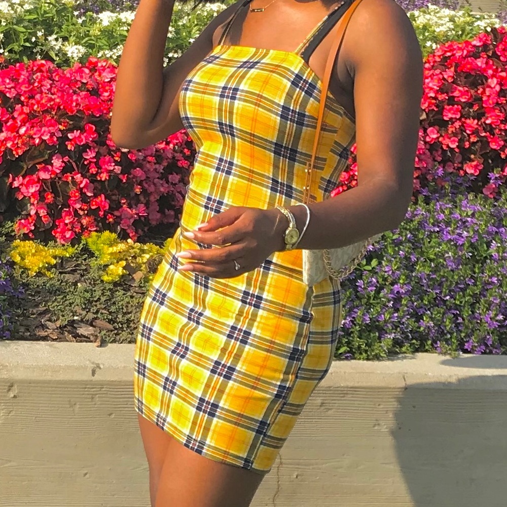 Yellow Mini Dress with black & white strip